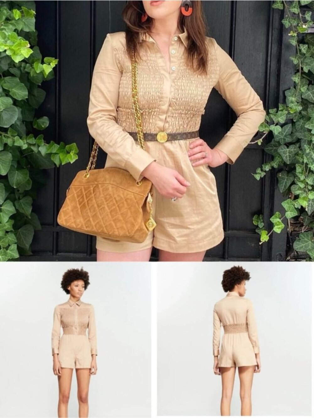 MAJE Imara Beige Sable Smocked Romper Size Large